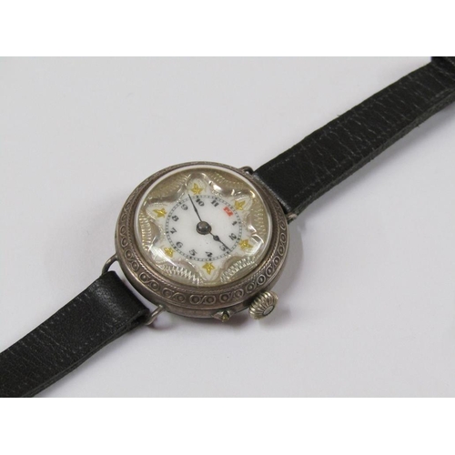 1473 - EARLY 20c SILVER CASED WATCH MOVEMENT ON LEATHER STRAP