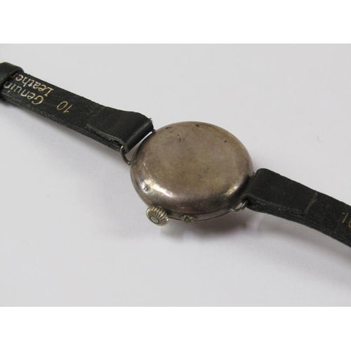 1473 - EARLY 20c SILVER CASED WATCH MOVEMENT ON LEATHER STRAP