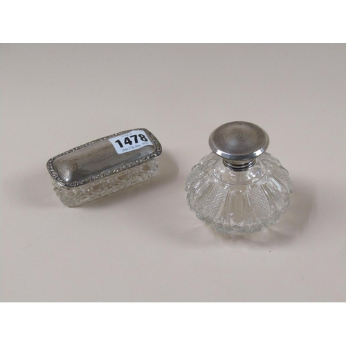 1478 - CUT GLASS SCENT BOTTLE WITH SILVER SCREW TOP AND ONE CUT GLASS PIN BOX WITH SILVER LIFT OFF COVER