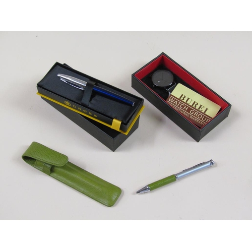 1479 - BUREI WATCH TOGETHER WITH CROSS FOUNTAIN PEN, SALVADOR BACHILLER BIRO IN GREEN LEATHER CASE