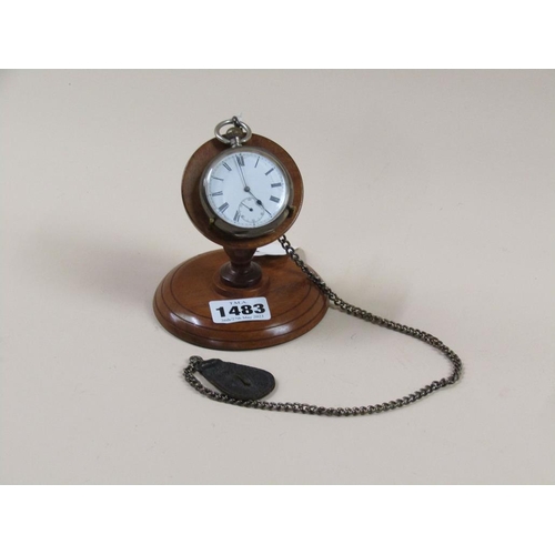 1483 - SILVER CASED POCKET WATCH AND CHAIN WITH A MAHOGANY WATCH STAND