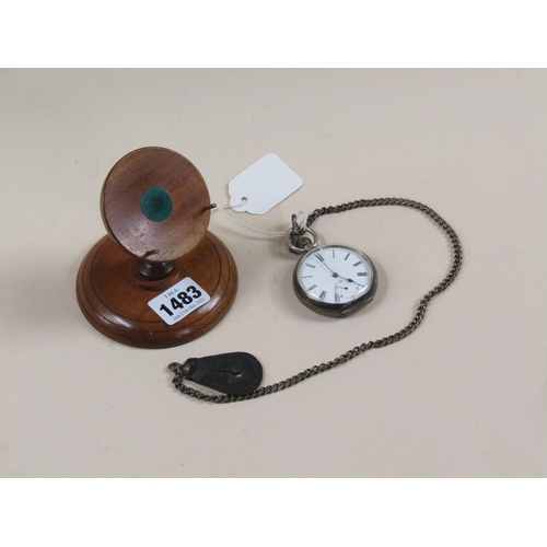 1483 - SILVER CASED POCKET WATCH AND CHAIN WITH A MAHOGANY WATCH STAND