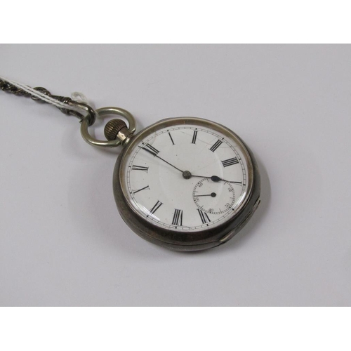 1483 - SILVER CASED POCKET WATCH AND CHAIN WITH A MAHOGANY WATCH STAND