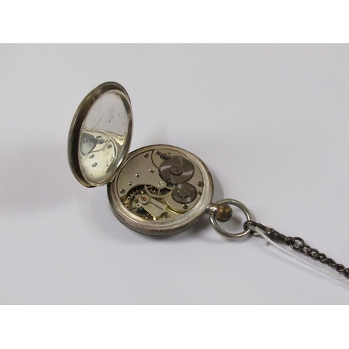 1483 - SILVER CASED POCKET WATCH AND CHAIN WITH A MAHOGANY WATCH STAND