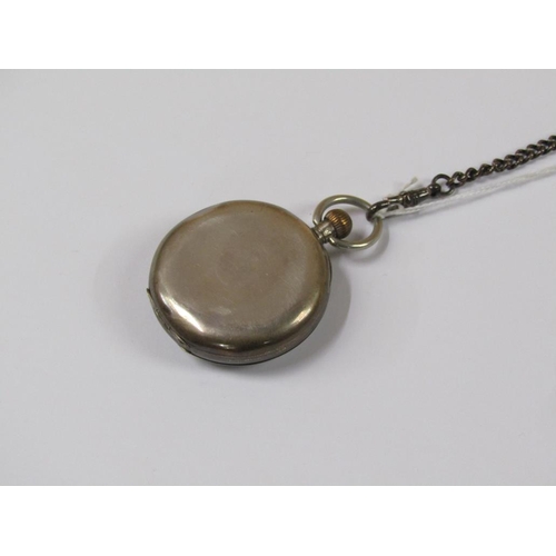 1483 - SILVER CASED POCKET WATCH AND CHAIN WITH A MAHOGANY WATCH STAND