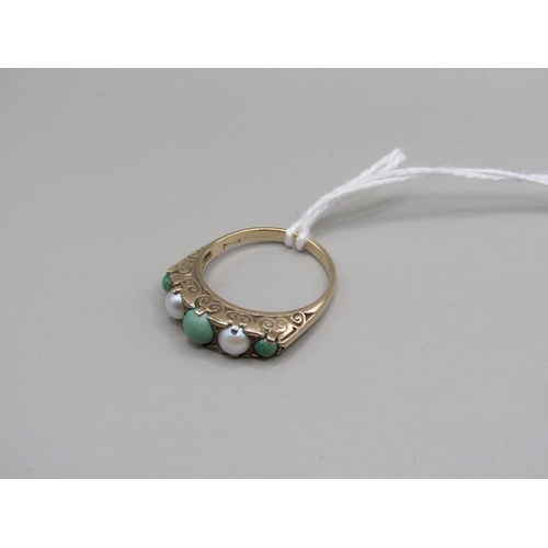 1513 - 9ct GOLD TURQUOISE AND PEARL SET RING, SIZE N