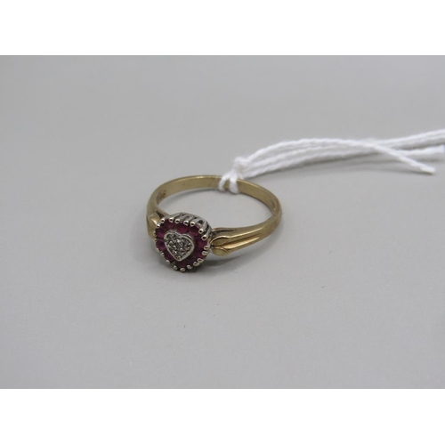 1526 - 9ct GOLD AMETHYST AND DIAMOND HEART SET RING SIZE P