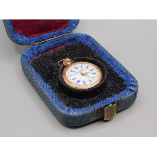 1554 - 14CT GOLD EDELWIESS LADIES PENDANT WATCH WITH BLUEBIRD ENAMEL DECORATION