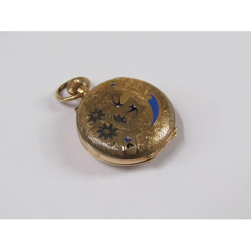 1554 - 14CT GOLD EDELWIESS LADIES PENDANT WATCH WITH BLUEBIRD ENAMEL DECORATION