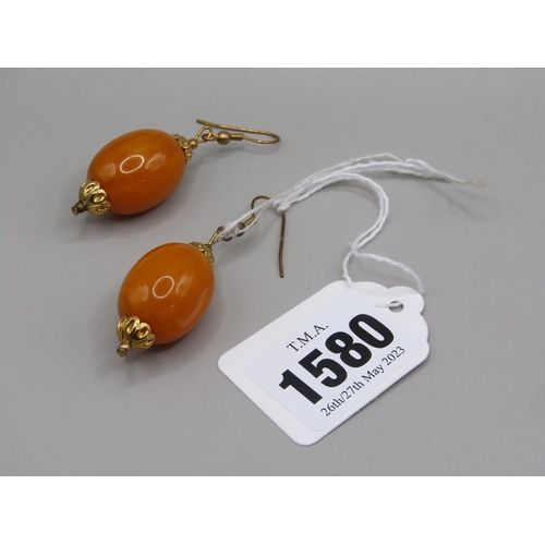 1580 - PAIR OF AMBER BEAD EARRINGS