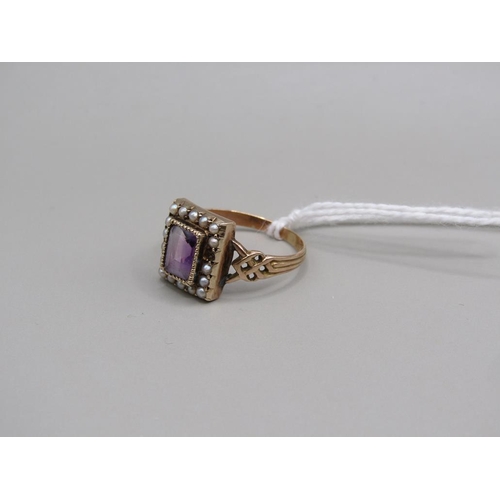 1584 - GOLD AMETHYST SEED PEARL SET RING SIZE P