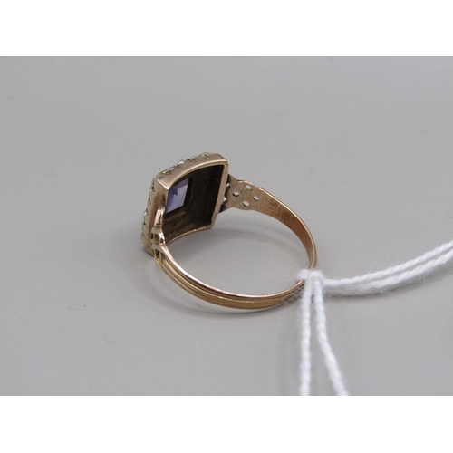 1584 - GOLD AMETHYST SEED PEARL SET RING SIZE P