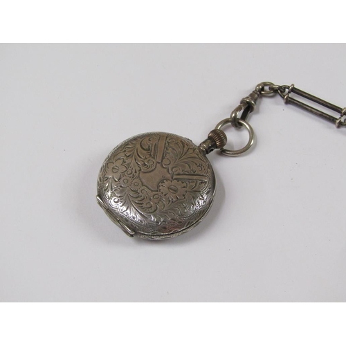 1624 - SILVER CASED PENDANT WATCH; WATCH CHAIN
