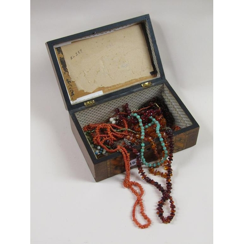 1634 - TUNBRIDGE BANDED BOX OF VARIOUS STRINGS OF BEADS