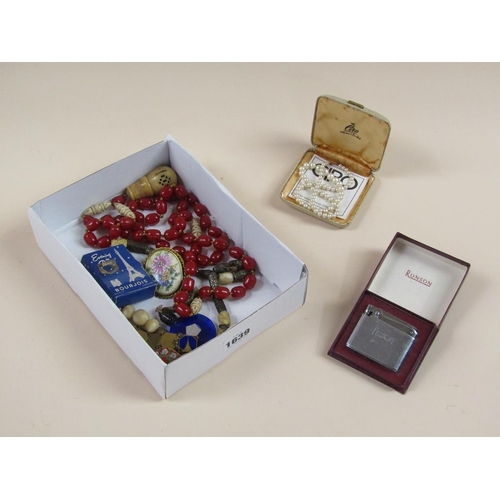 1639 - SMALL BOX OF BEADS, CARVED NUT PENDANT ETC