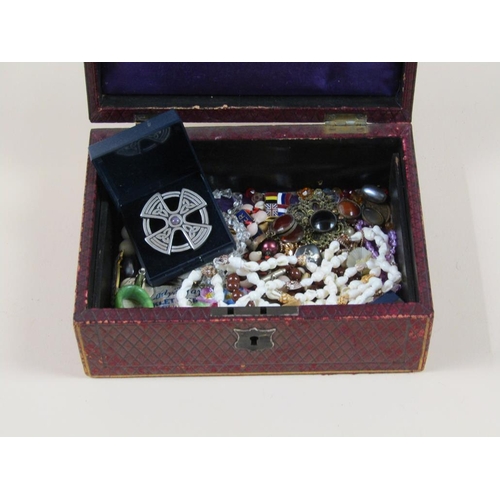 1648 - LEATHER JEWEL BOX; MISC COSTUME JEWELLERY CONTAINED THEREIN