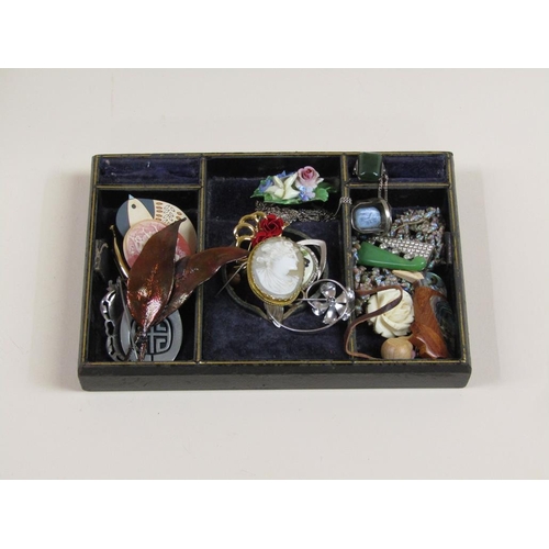 1648 - LEATHER JEWEL BOX; MISC COSTUME JEWELLERY CONTAINED THEREIN