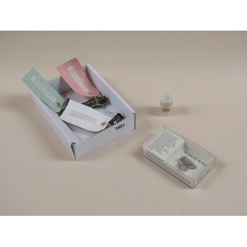 1651 - SMALL FRAGMENT OF BERLIN WALL; SPARK PLUGS FROM SPITFIRE, P38 & JUNKERS JU88