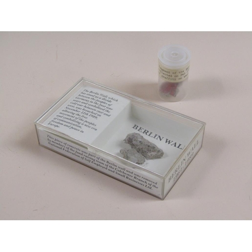 1651 - SMALL FRAGMENT OF BERLIN WALL; SPARK PLUGS FROM SPITFIRE, P38 & JUNKERS JU88