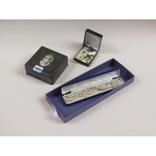 1656 - BOX OF GILT AND WHITE METAL COSTUME JEWELLERY; STRING OF PEARL BEADS