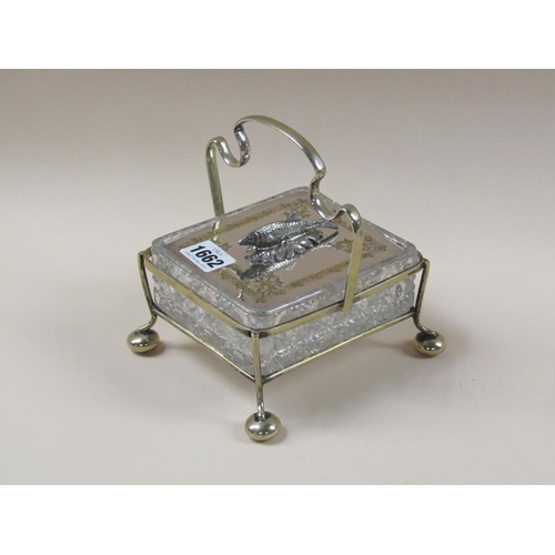 1662 - TWO CUT GLASS SILVER PLATE MOUNTED SARDINE DISHES ON STAND