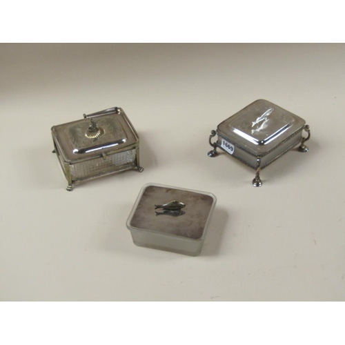 1669 - THREE GLASS SARDINE DISHES WITH SILVER PLATED FRAMES, MOUNTS, COVERS