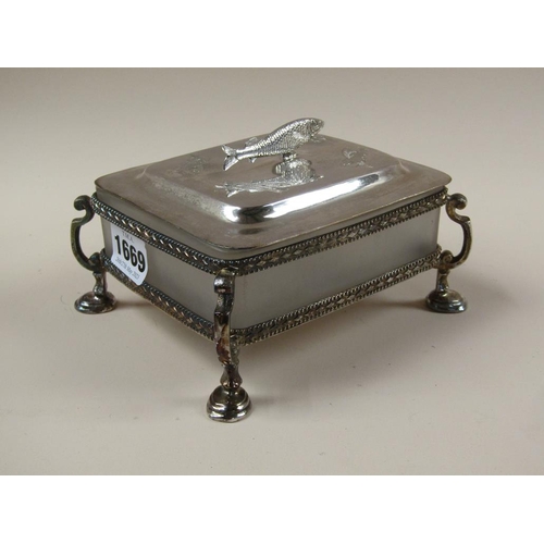 1669 - THREE GLASS SARDINE DISHES WITH SILVER PLATED FRAMES, MOUNTS, COVERS