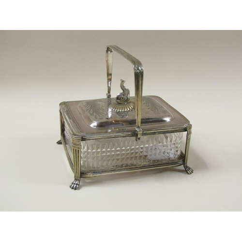 1669 - THREE GLASS SARDINE DISHES WITH SILVER PLATED FRAMES, MOUNTS, COVERS