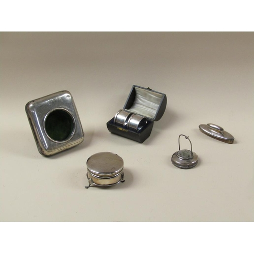 1674 - COLLECTION OF SMALL ITEMS OF SILVER INC. WATCH BOX , STAND, NAIL BUFFER, RING BOX, 2 NAPKIN RINGS