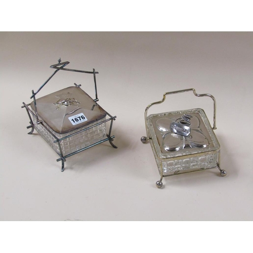 1676 - TWO CUT GLASS SARDINE DISHES ON STAND WITH SILVER PLATED MOUNTS AND LIFT OFF COVERS