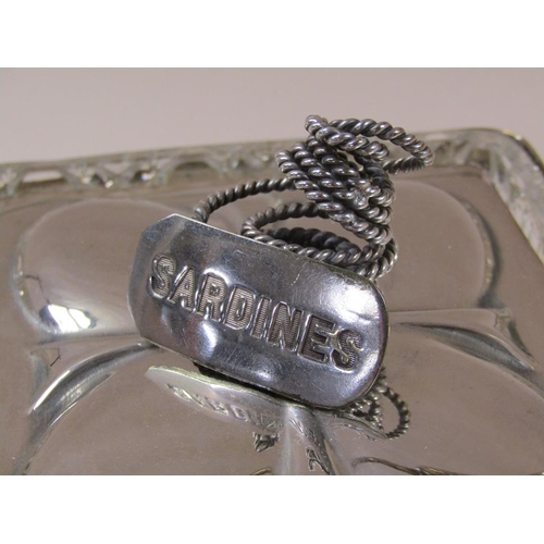 1676 - TWO CUT GLASS SARDINE DISHES ON STAND WITH SILVER PLATED MOUNTS AND LIFT OFF COVERS