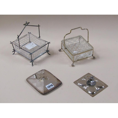 1676 - TWO CUT GLASS SARDINE DISHES ON STAND WITH SILVER PLATED MOUNTS AND LIFT OFF COVERS