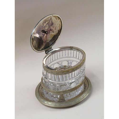 1679 - CUT GLASS BISCUIT BOX WITH SILVER PLATED MOUNTS AND COVER