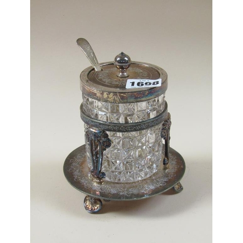 1698 - VICTORIAN CUT GLASS PRESERVE POT WITH SILVER MOUNTS AND STAND