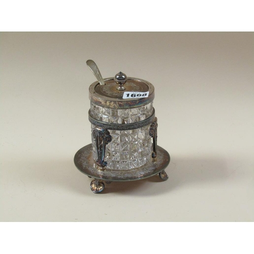 1698 - VICTORIAN CUT GLASS PRESERVE POT WITH SILVER MOUNTS AND STAND