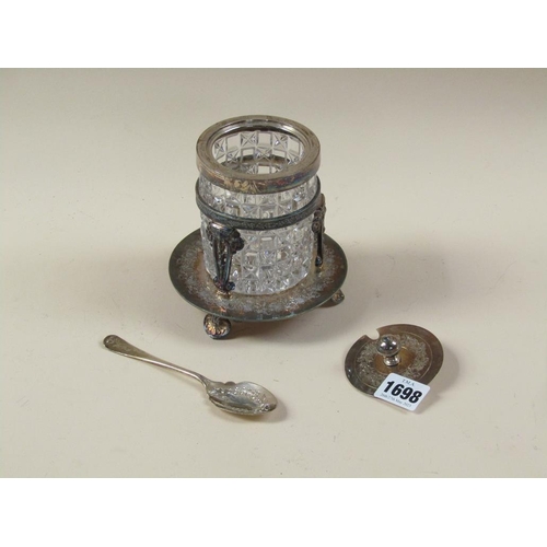 1698 - VICTORIAN CUT GLASS PRESERVE POT WITH SILVER MOUNTS AND STAND