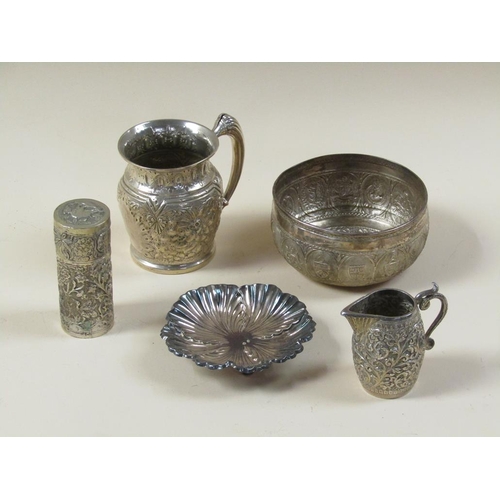 1699 - COLLECTION OF ORIENTAL SILVER INC. TANKARD,  CREAM JUG, PETAL SHAPED DISH, CYLINDRICAL BOX AND COVER