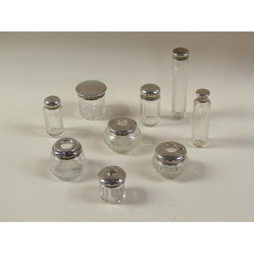 1701 - NINE COSMETIC AND PIN JARS, SILVER COVERS