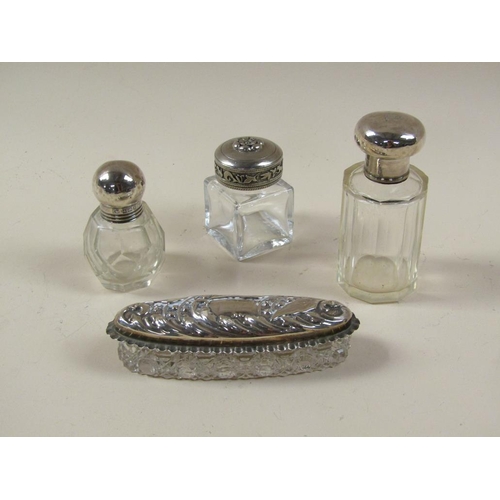 1703 - GLASS PIN BOX WITH SILVER COVER, TOGETHER WITH THREE COSMETIC BOTTLES WITH SILVER TOPS