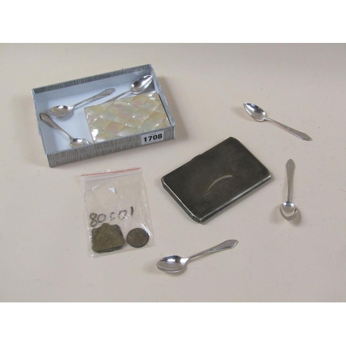 1708 - SILVER PLATED CIGARETTE CASE, MOTHER OF PEARL POCKET BOX AND SPOONS WITH TOKENS