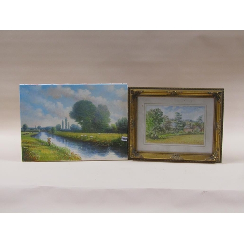 1198 - FRAMED WATERCOLOUR - RURAL SCENE; UNFRAMED OIL - RIVERSCAPE