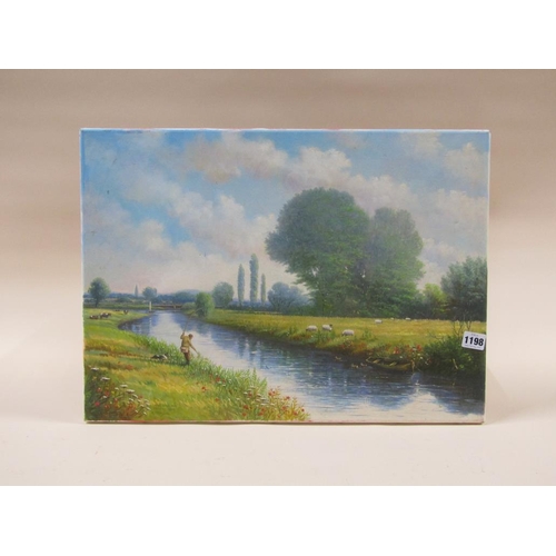 1198 - FRAMED WATERCOLOUR - RURAL SCENE; UNFRAMED OIL - RIVERSCAPE