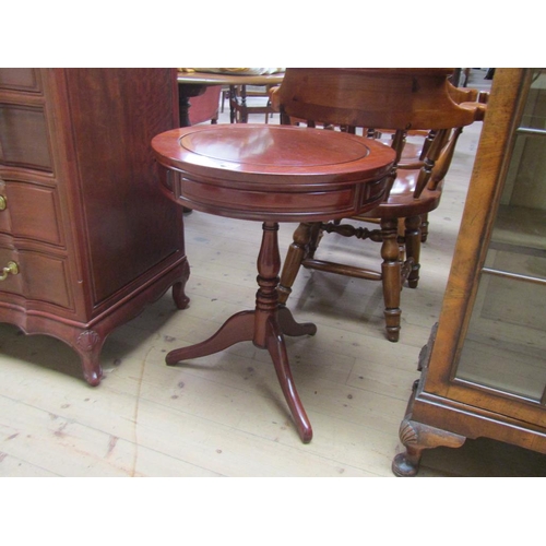 1952 - MAHOGANY DRUM TABLE ON TRIPOD PEDESTAL, 53CM DIAM