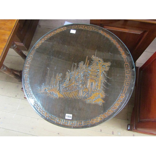 1956 - ORIENTAL STYLE CIRCULAR CARVED TILT TOP GATE TABLE, 60CM W