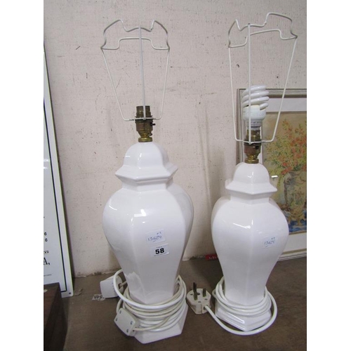 58 - TWO WHITE GLAZED TABLE LAMPS