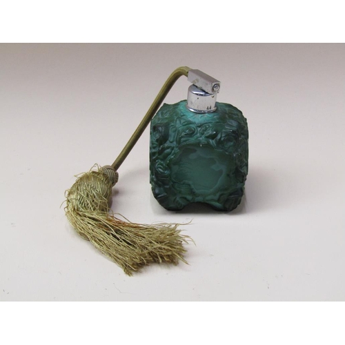 169 - An Art Deco Czechoslovakian malachite atomiser, moulded in relief with flowers, 10cm h.