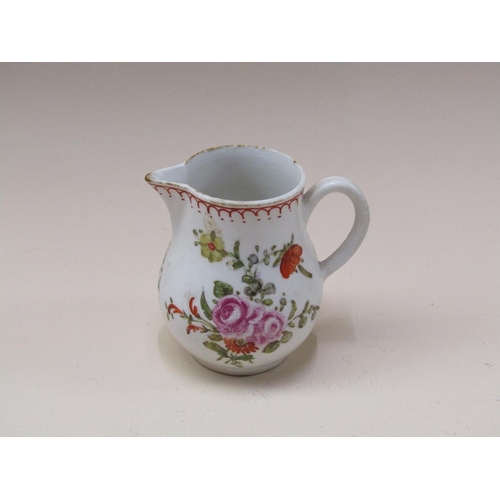 174 - An 18c English creamware sparrow beak jug, hand painted floral decoration, a/f, 8cm h.