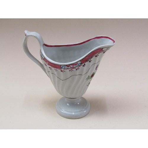 176 - A late 18c Newhall porcelain milk jug, silver shaped, hand painted, 11cm h.