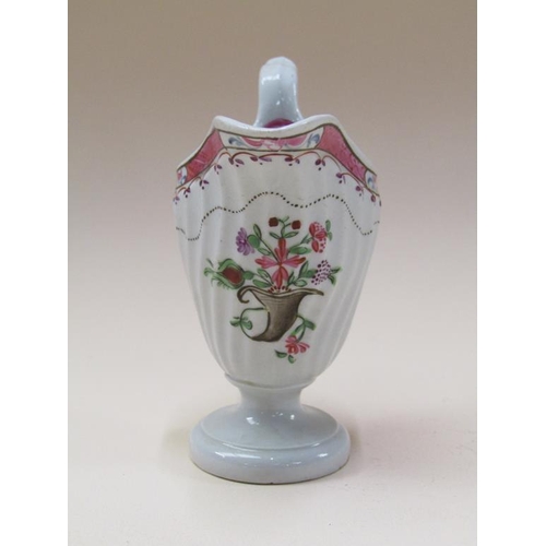 176 - A late 18c Newhall porcelain milk jug, silver shaped, hand painted, 11cm h.