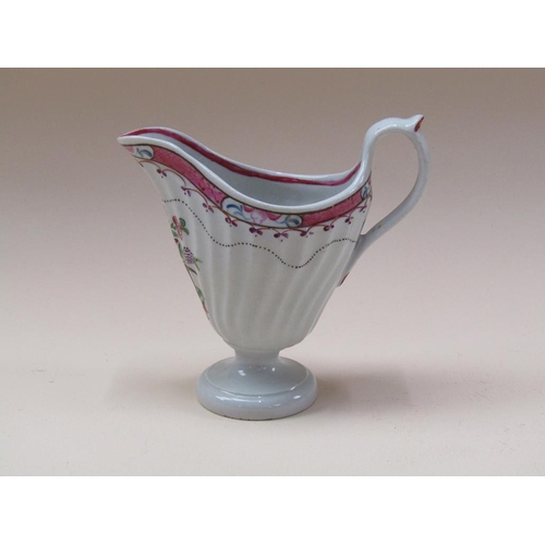 176 - A late 18c Newhall porcelain milk jug, silver shaped, hand painted, 11cm h.